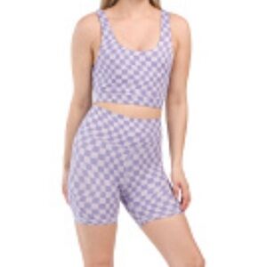 Wilo Activewear Set Checkerboard Lilac Purple Bra Biker Short size Small NWT